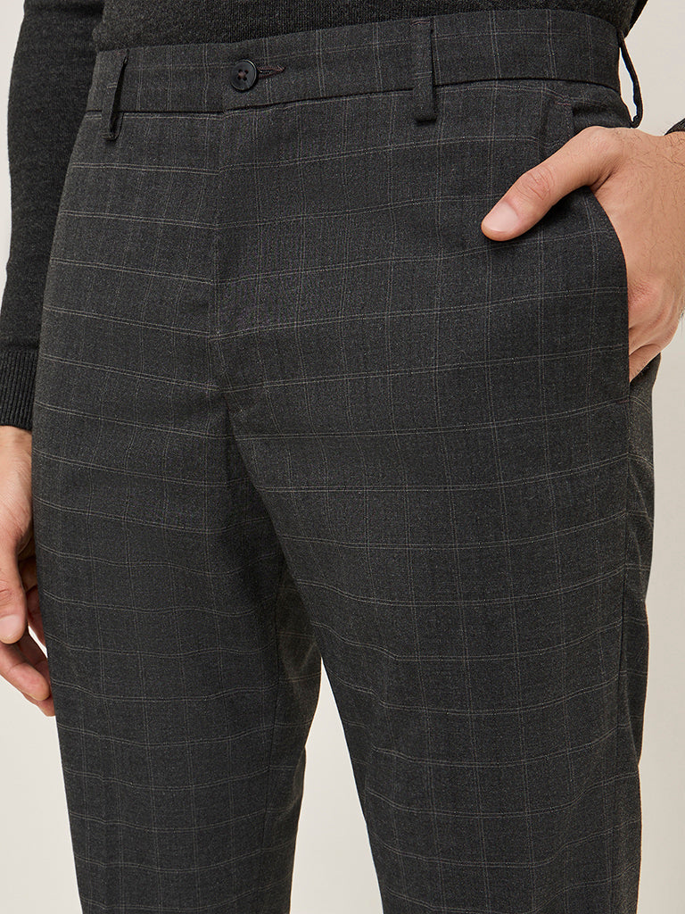 WES Formals Charcoal Checkered Carrot-Fit Mid-Rise Trousers