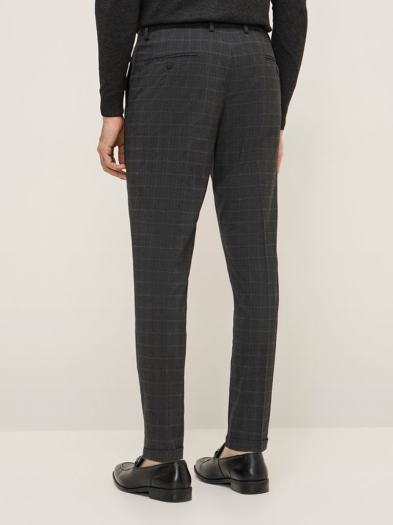 WES Formals Charcoal Checkered Carrot-Fit Mid-Rise Trousers