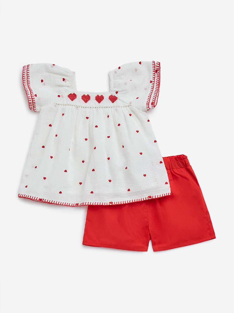 HOP Baby Red Heart Embroidered Cotton Top with Shorts Set