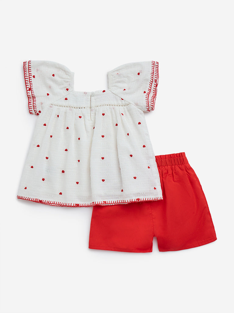 HOP Baby Red Heart Embroidered Cotton Top with Shorts Set