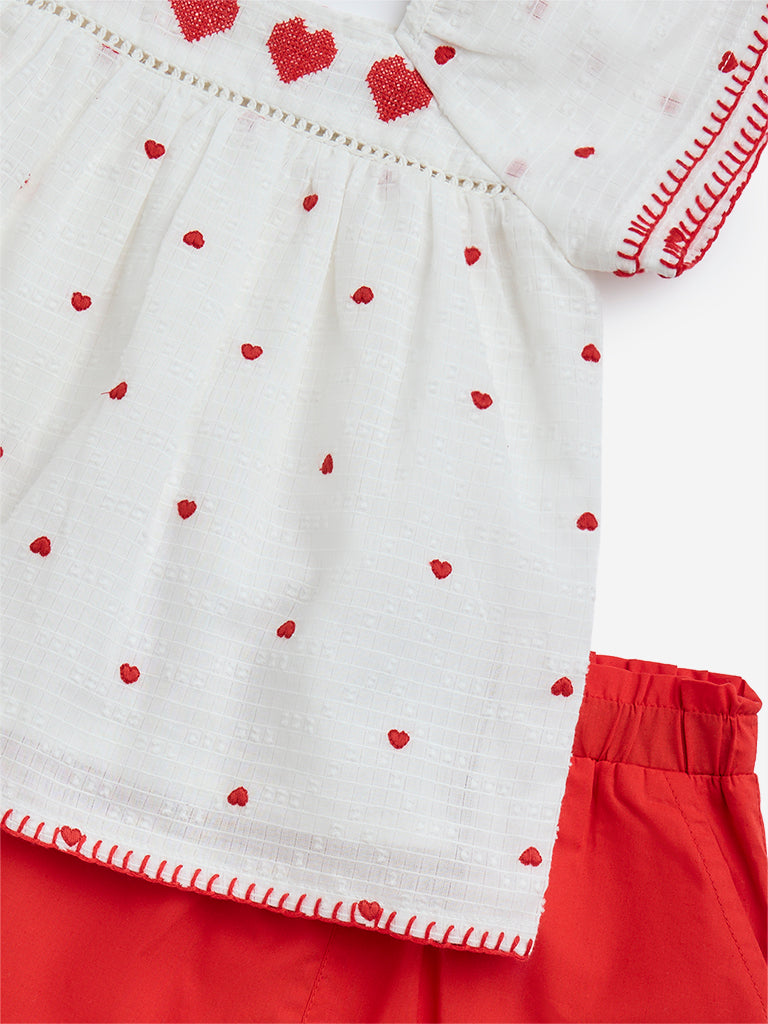 HOP Baby Red Heart Embroidered Cotton Top with Shorts Set