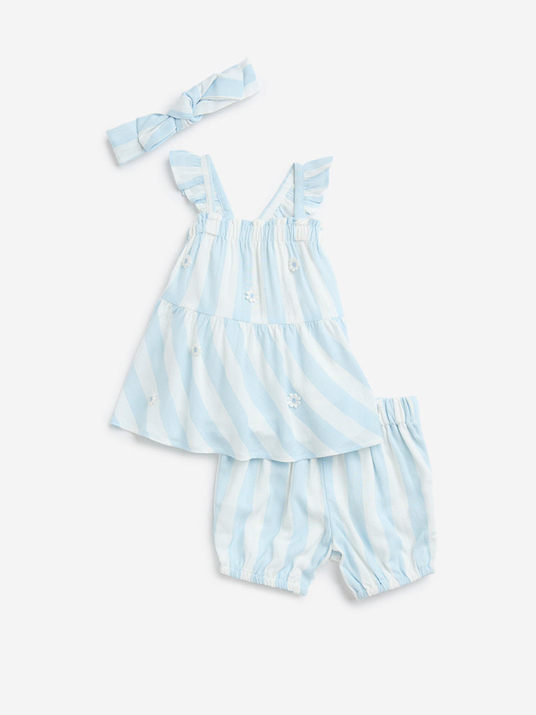 HOP Baby Blue Stripe Printed Top with Shorts and Headband Set