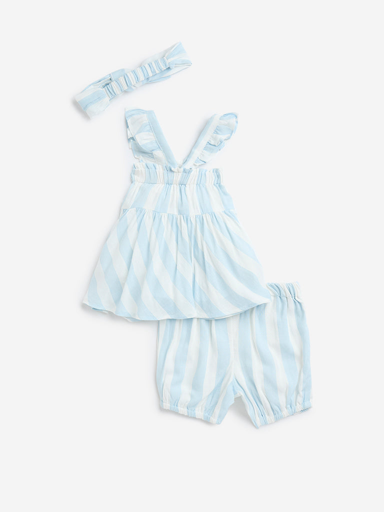 HOP Baby Blue Stripe Printed Top with Shorts and Headband Set