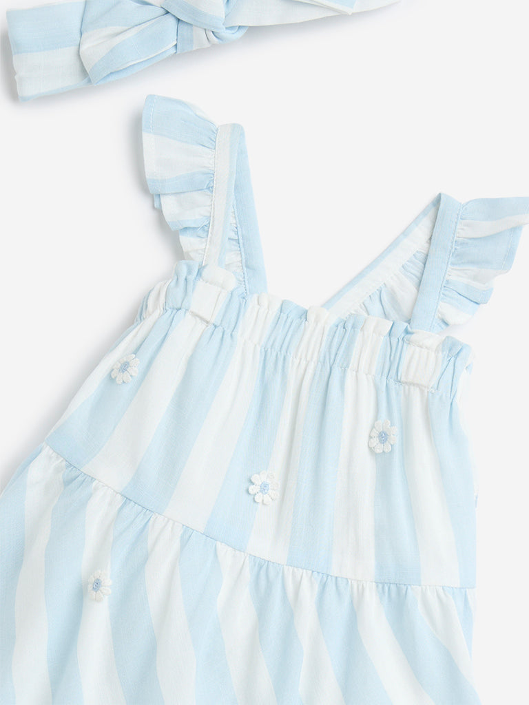 HOP Baby Blue Stripe Printed Top with Shorts and Headband Set