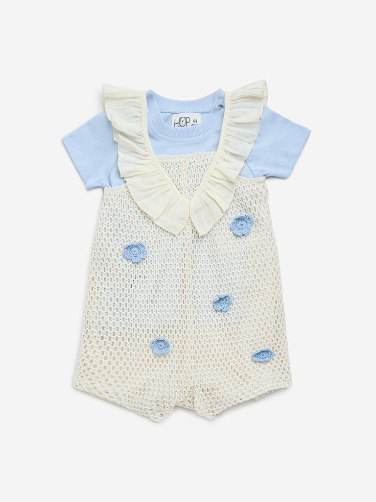 HOP Baby Off-White Crochet Cotton-Blend Dungaree with T-Shirt Set