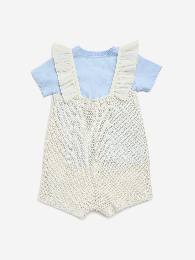 HOP Baby Off-White Crochet Cotton-Blend Dungaree with T-Shirt Set