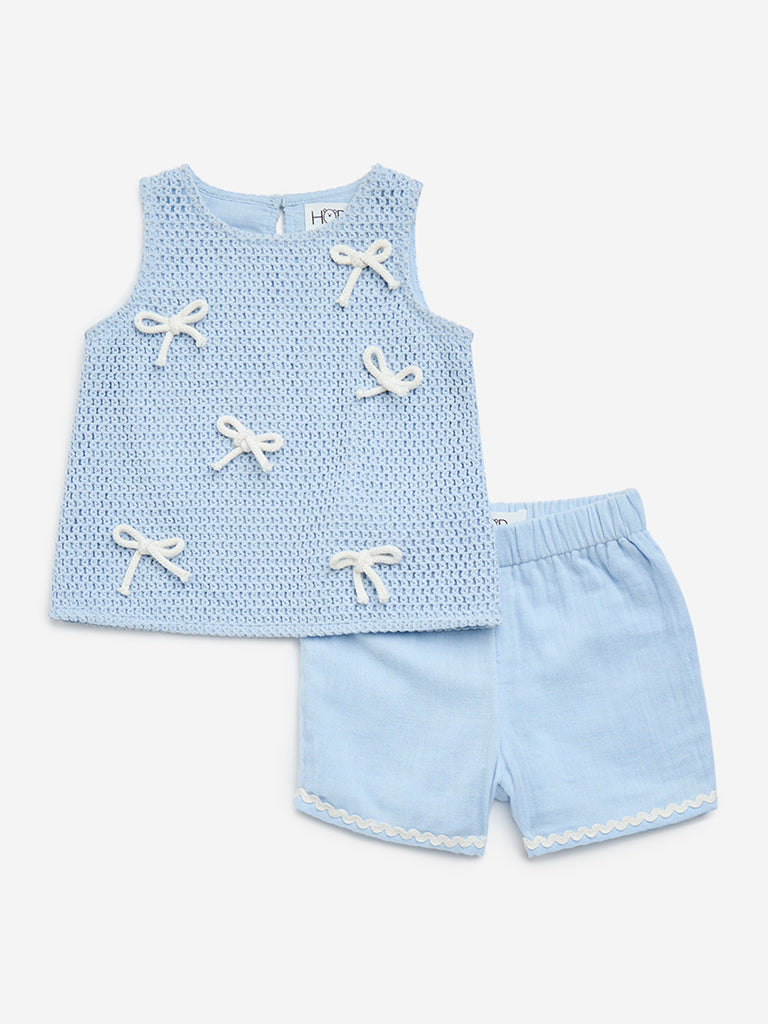 HOP Baby Light Blue Crochet Cotton-Blend Top with Shorts Set