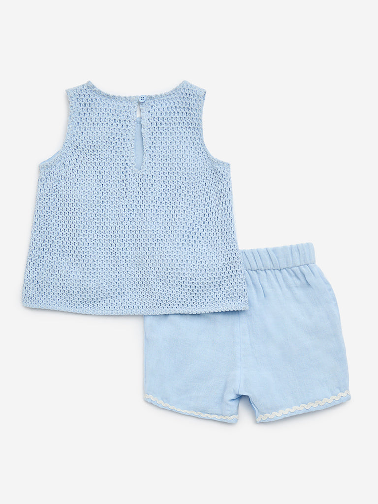 HOP Baby Light Blue Crochet Cotton-Blend Top with Shorts Set