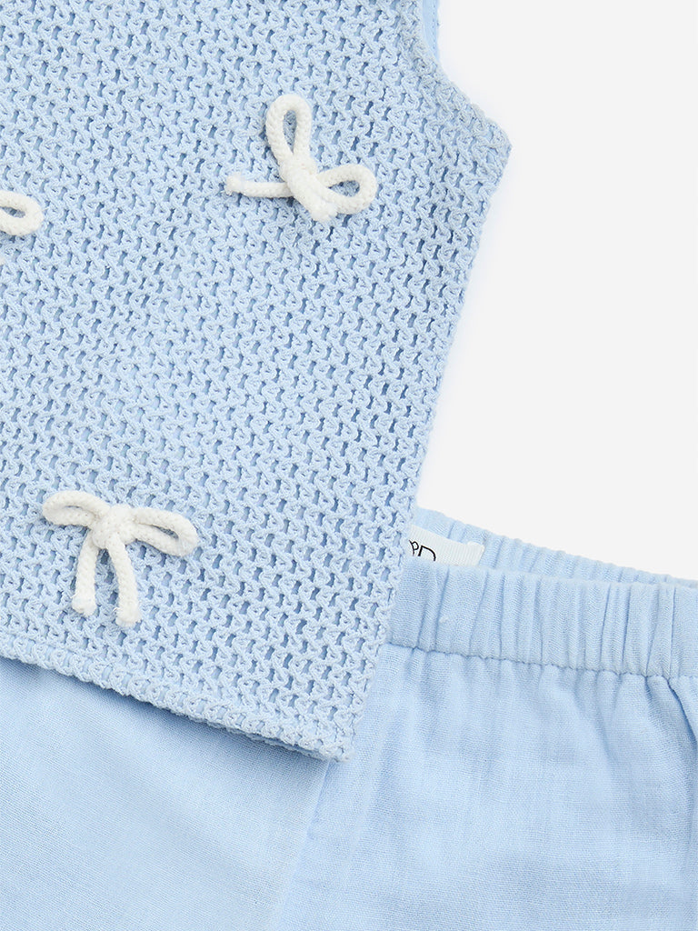 HOP Baby Light Blue Crochet Cotton-Blend Top with Shorts Set