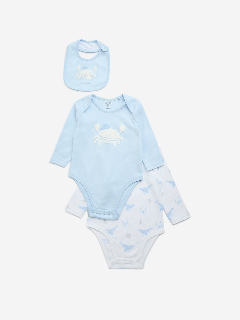 HOP Baby Blue Sea-Animal Cotton Rompers and Bib - Pack of 2