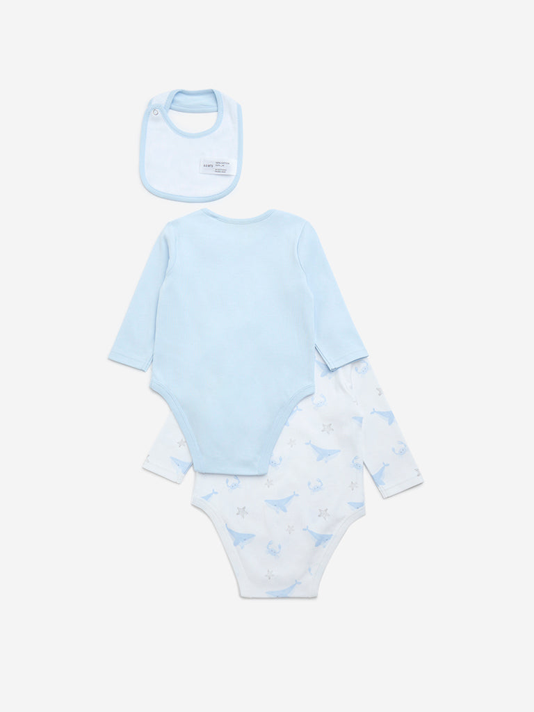 HOP Baby Blue Sea-Animal Cotton Rompers and Bib - Pack of 2