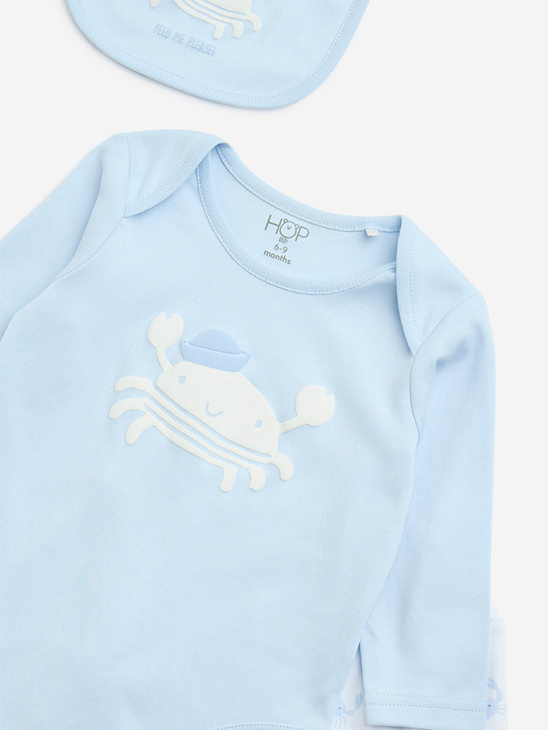 HOP Baby Blue Sea-Animal Cotton Rompers and Bib - Pack of 2