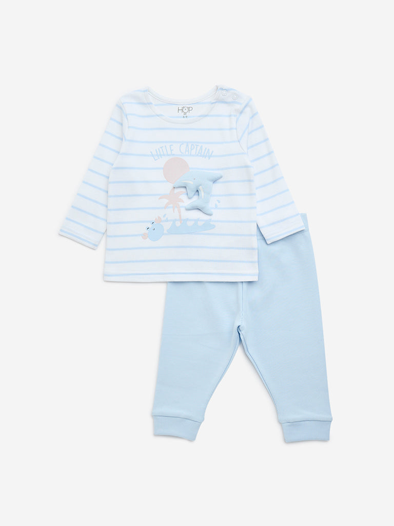 HOP Baby Blue Sea-Animal Cotton T-Shirt and Pants Set