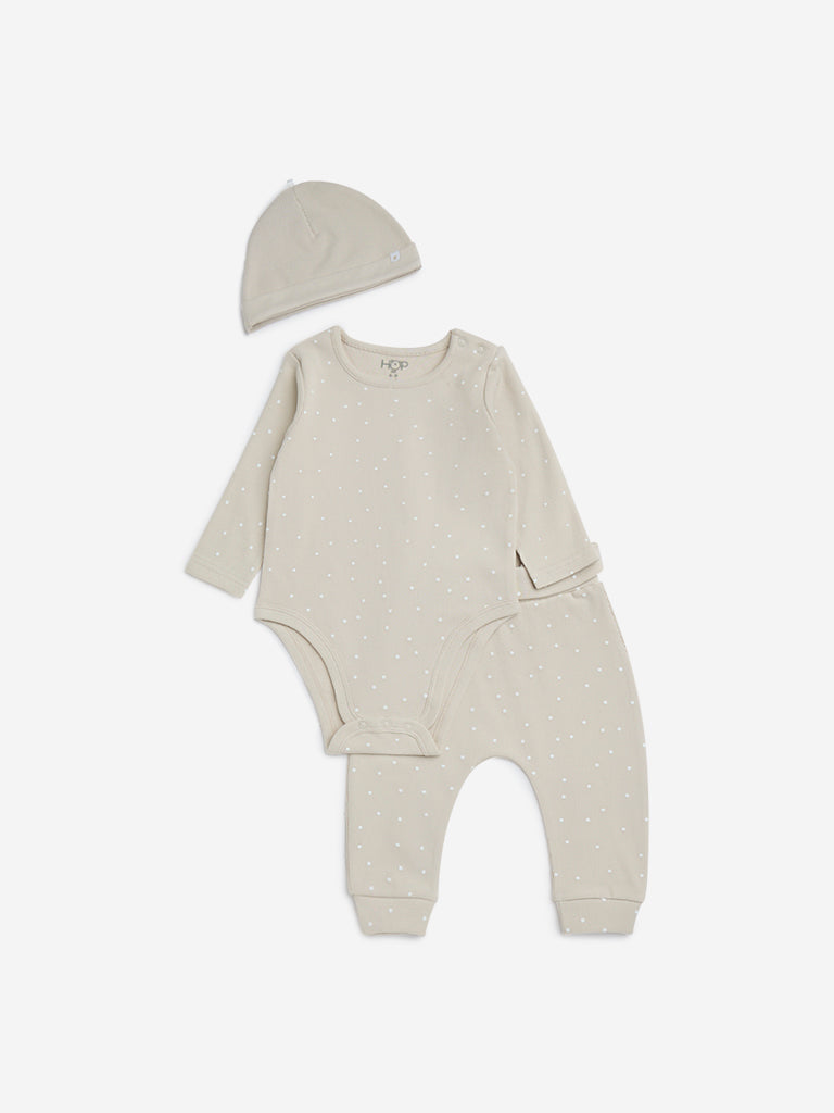 HOP Baby Beige Cotton-Blend Romper, Pants & Cap Set