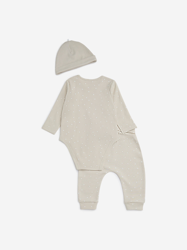 HOP Baby Beige Cotton-Blend Romper, Pants & Cap Set