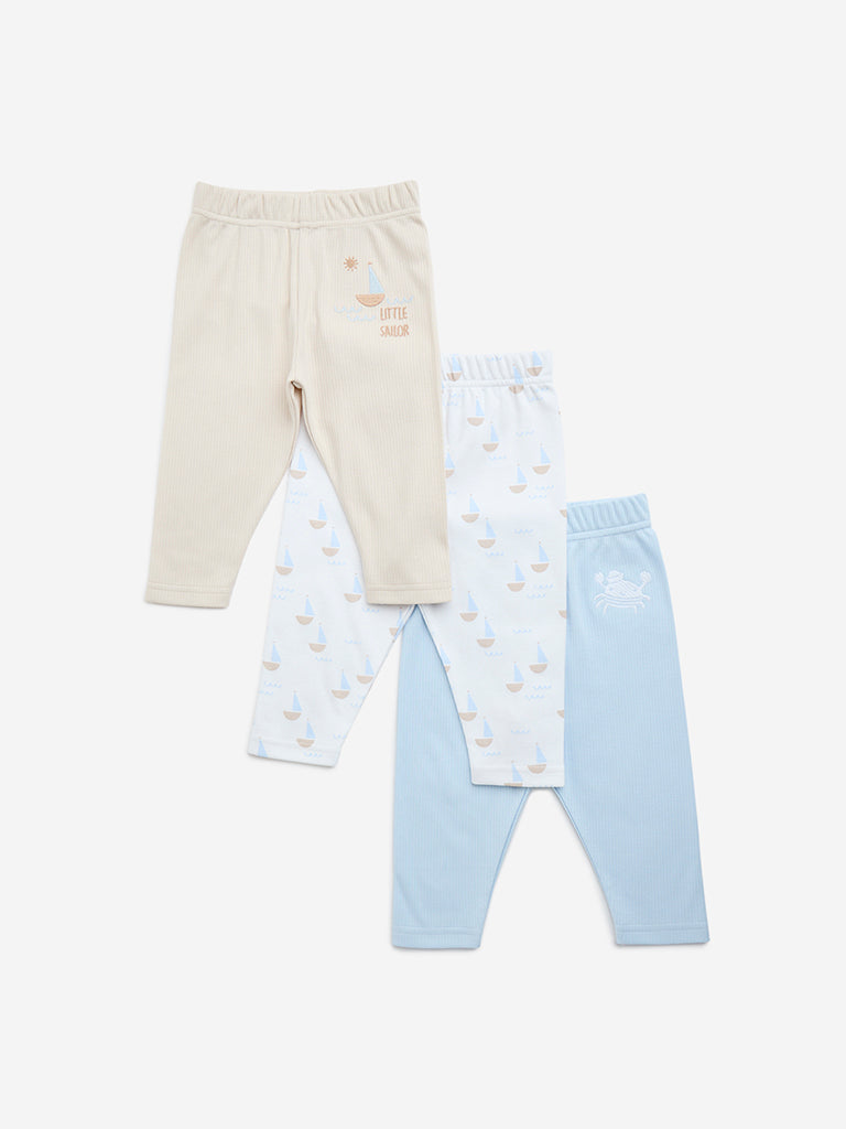 HOP Baby Light Blue Boat-Themed Cotton Pants - Pack of 3