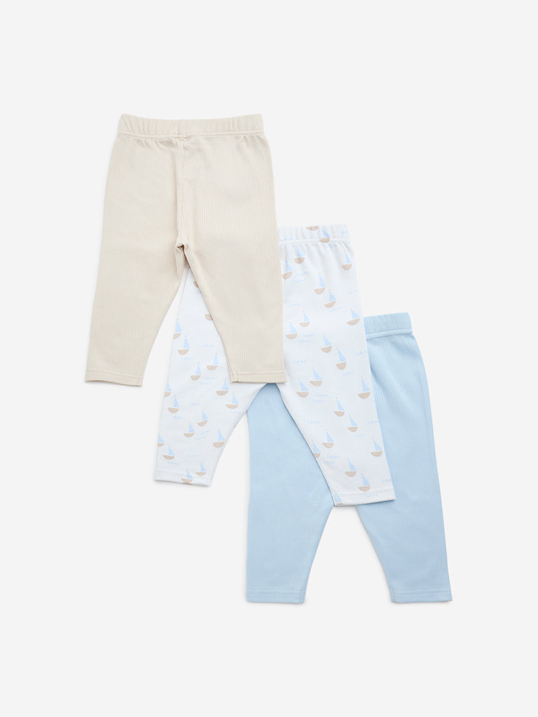 HOP Baby Light Blue Boat-Themed Cotton Pants - Pack of 3