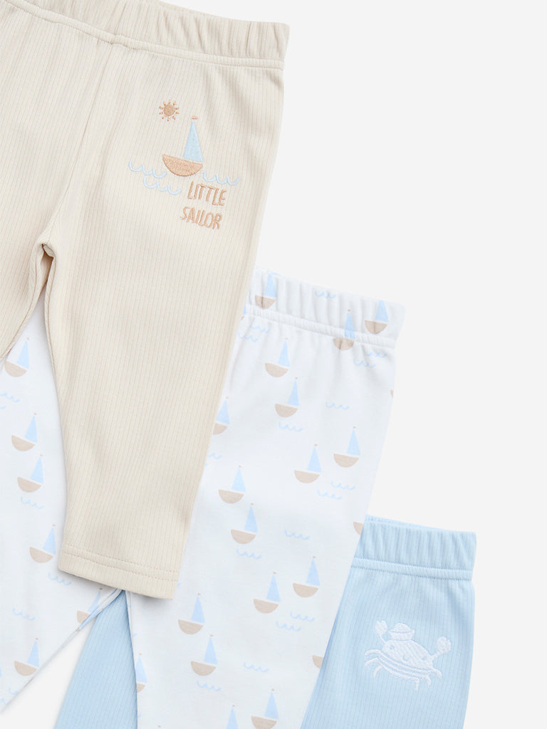 HOP Baby Light Blue Boat-Themed Cotton Pants - Pack of 3