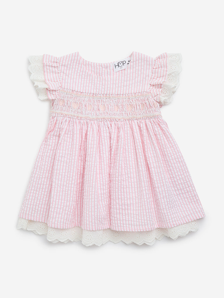 HOP Baby Pink Seersucker Striped Cotton A-Line Dress