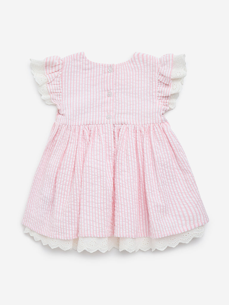 HOP Baby Pink Seersucker Striped Cotton A-Line Dress