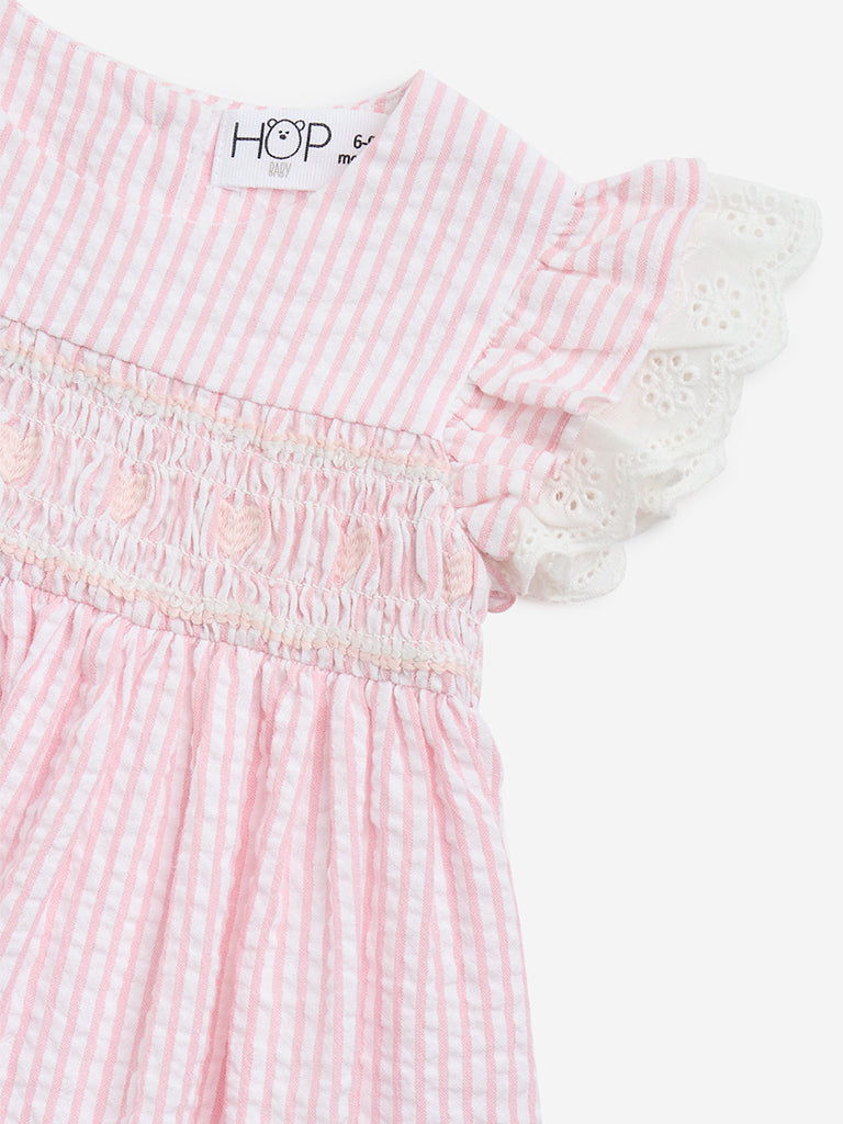 HOP Baby Pink Seersucker Striped Cotton A-Line Dress