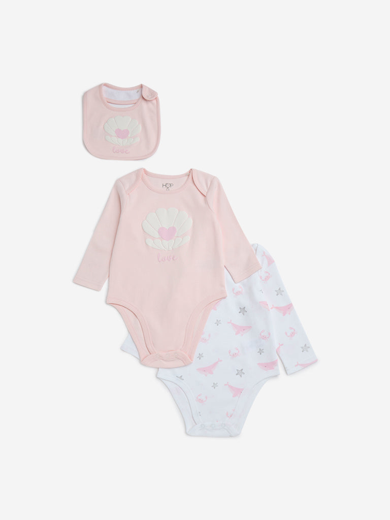 HOP Baby Pink Printed Cotton Rompers with Bib - Pack of 2