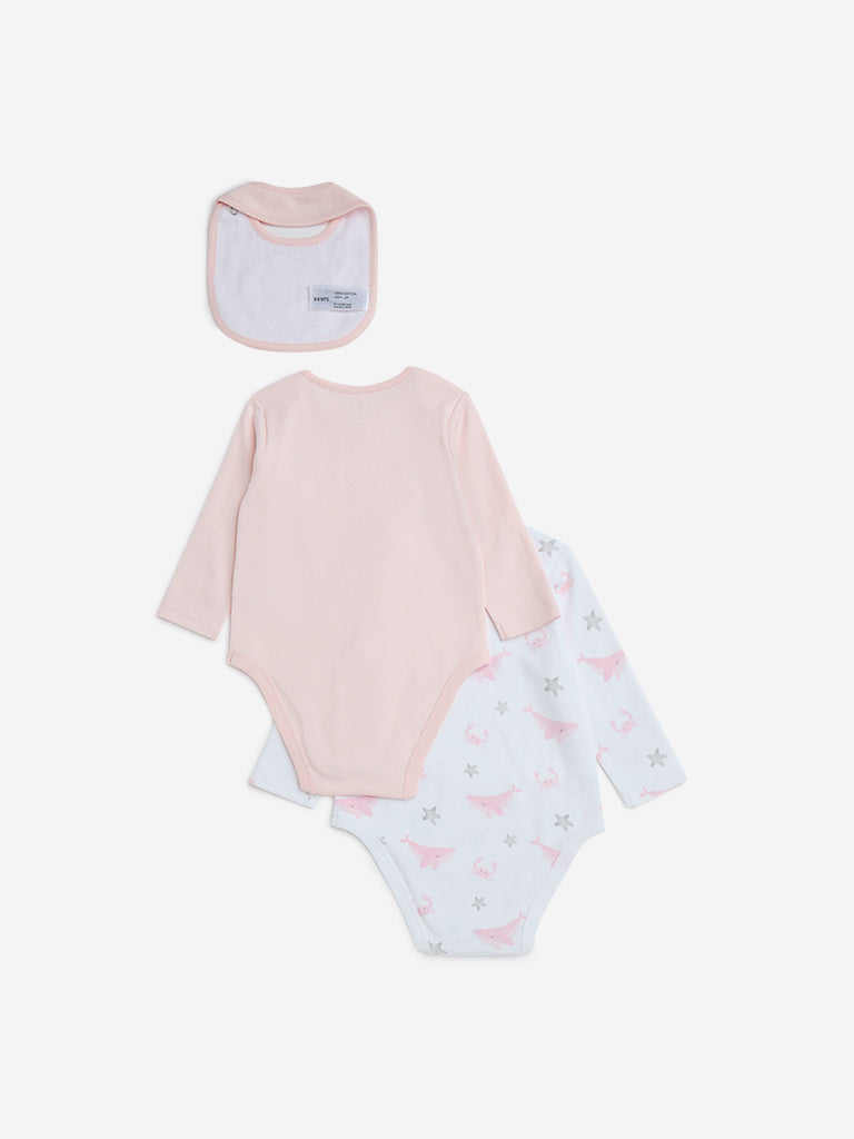 HOP Baby Pink Printed Cotton Rompers with Bib - Pack of 2