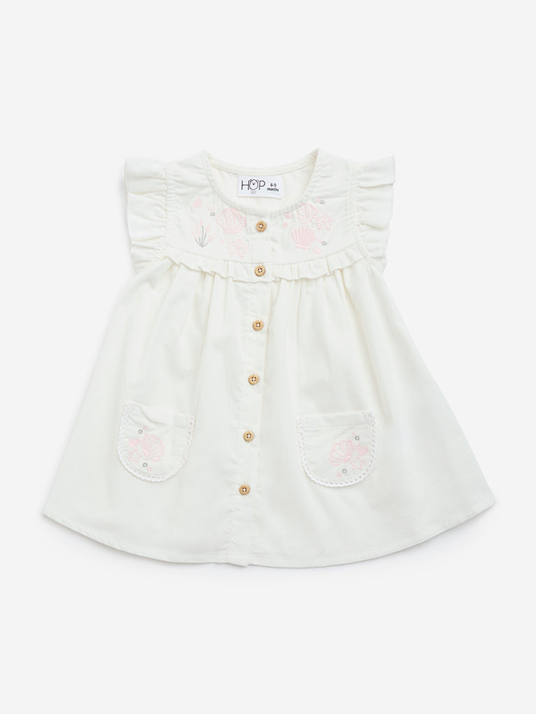 HOP Baby Off-White Embroidered Cotton Empire-Line Dress