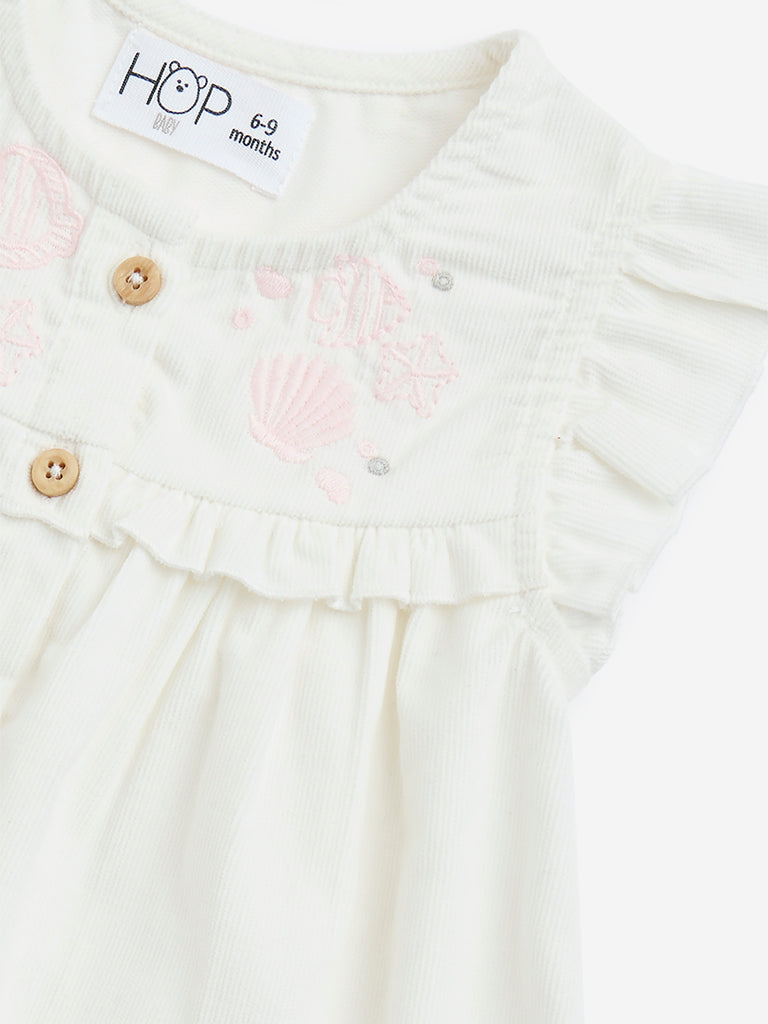 HOP Baby Off-White Embroidered Cotton Empire-Line Dress