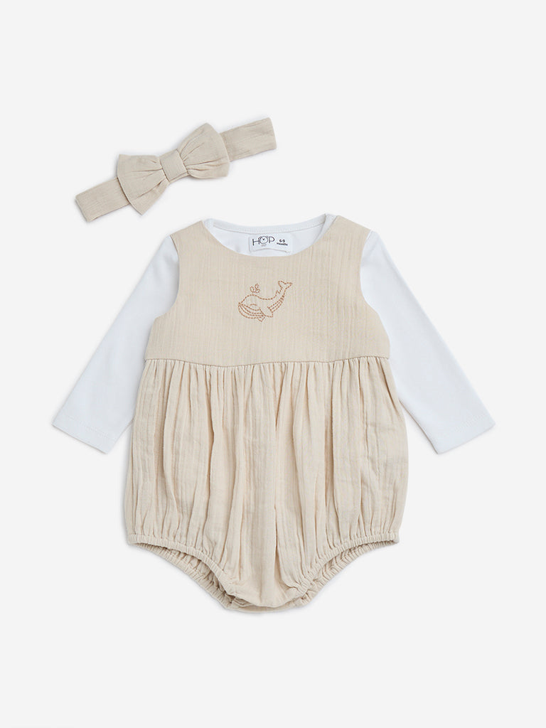 HOP Baby Beige Textured Romper, Cotton T-Shirt and Headband Set