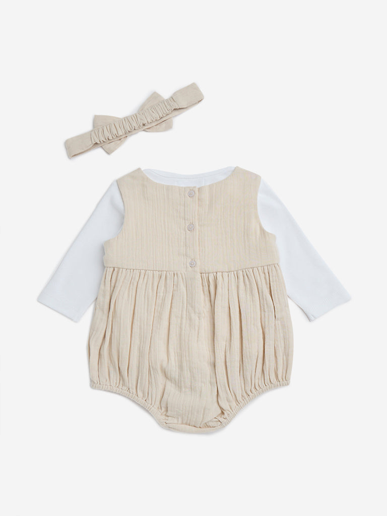 HOP Baby Beige Textured Romper, Cotton T-Shirt and Headband Set