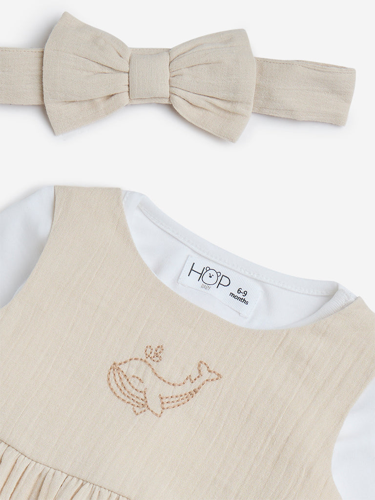 HOP Baby Beige Textured Romper, Cotton T-Shirt and Headband Set