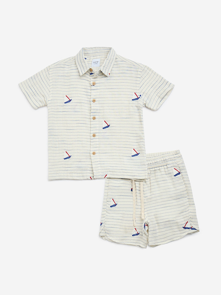 HOP Kids Off-White Striped Cotton Shirt and Shorts Set