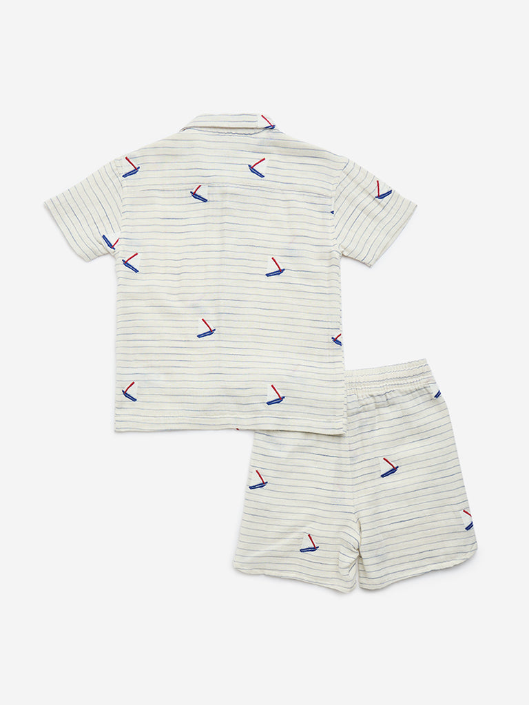 HOP Kids Off-White Striped Cotton Shirt and Shorts Set