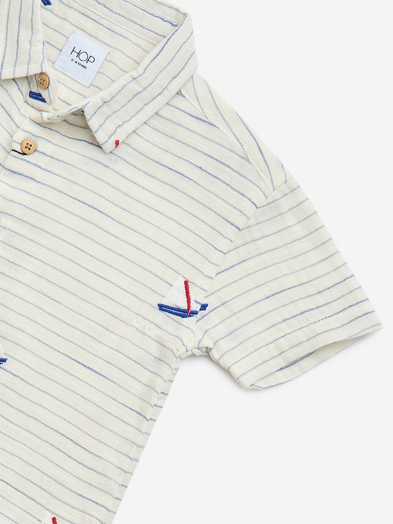 HOP Kids Off-White Striped Cotton Shirt and Shorts Set