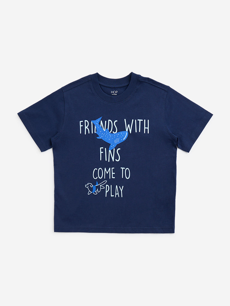 HOP Kids Navy Text Printed Cotton T-Shirt