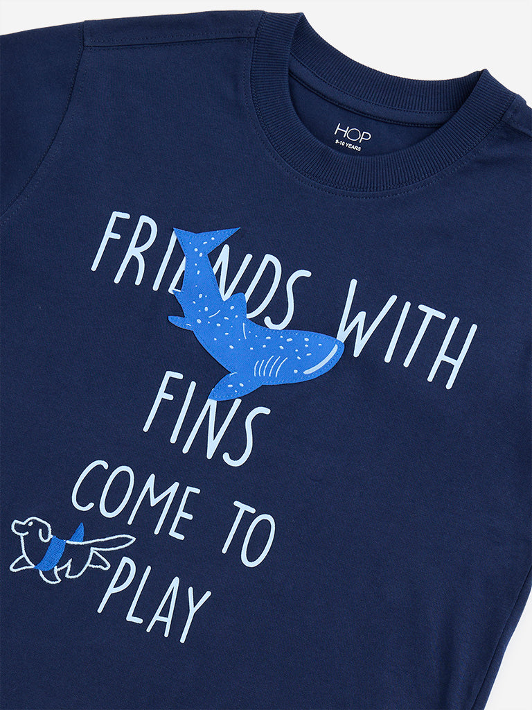 HOP Kids Navy Text Printed Cotton T-Shirt