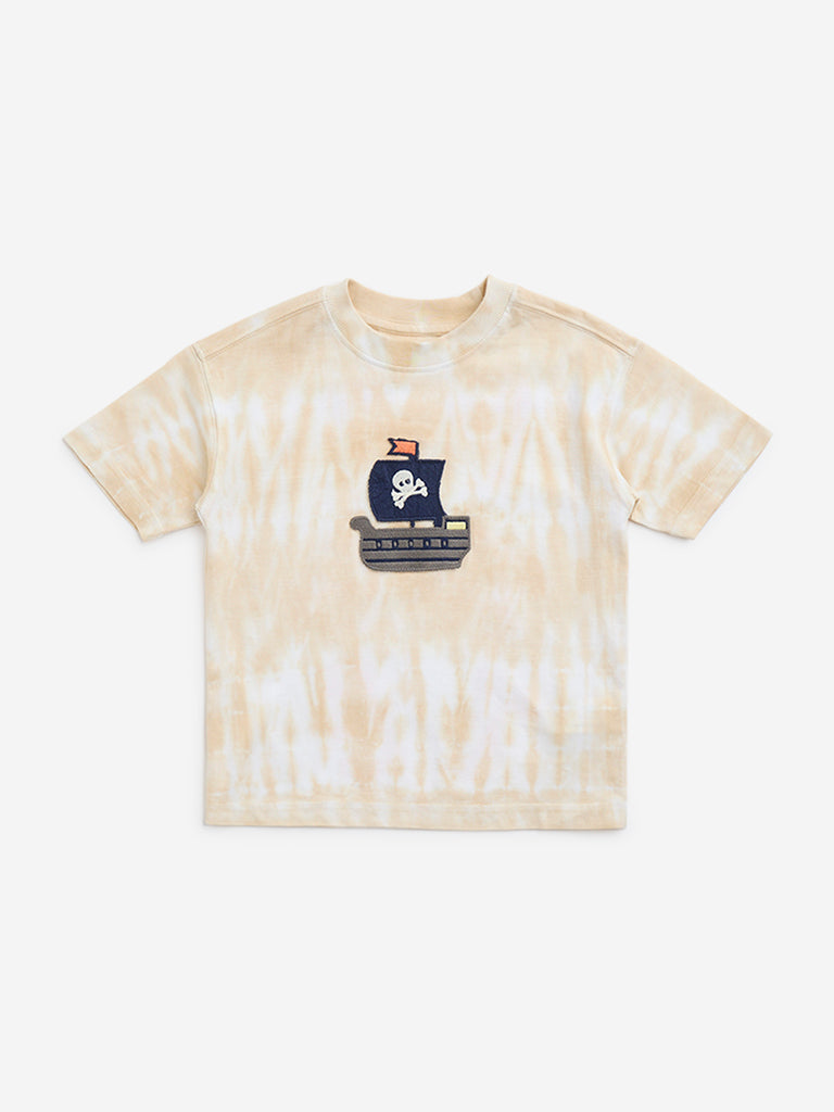 HOP Kids Beige Tie-Dye Design Cotton T-Shirt