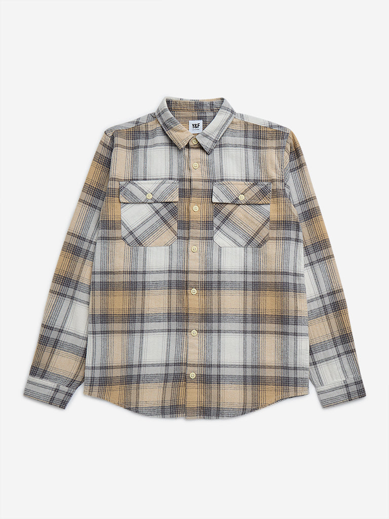 Y&F Kids Beige Checkered Cotton Shirt