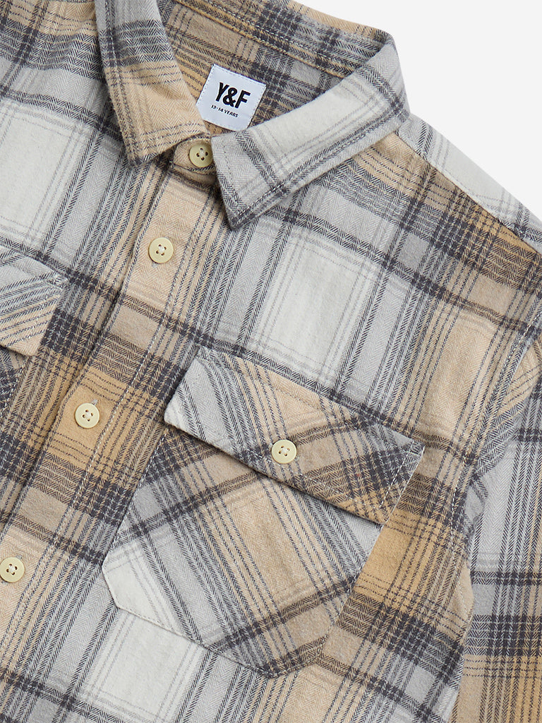 Y&F Kids Beige Checkered Cotton Shirt