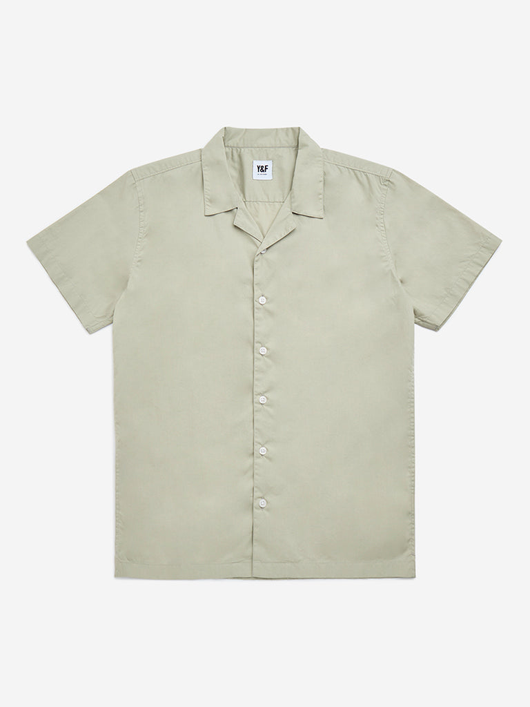 Y&F Kids Sage Text Printed Resort-Fit Cotton Shirt