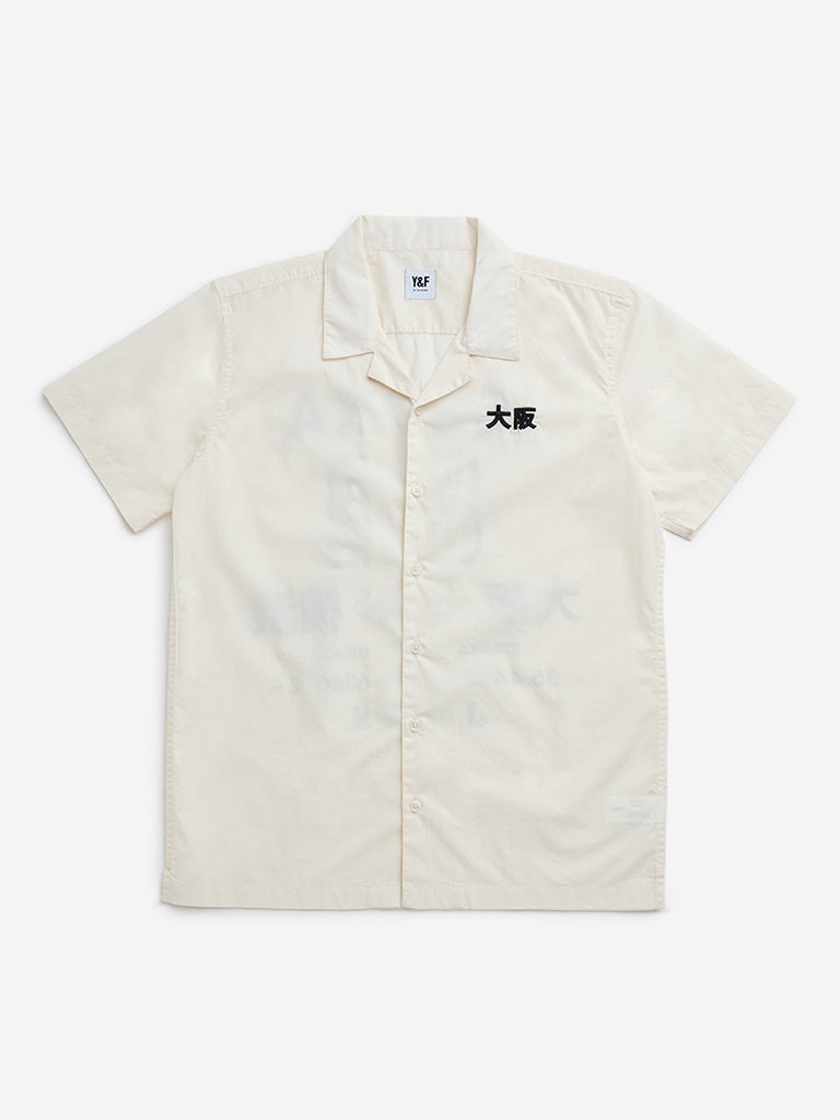 Y&F Kids Off-White Text Printed Resort-Fit Cotton Shirt