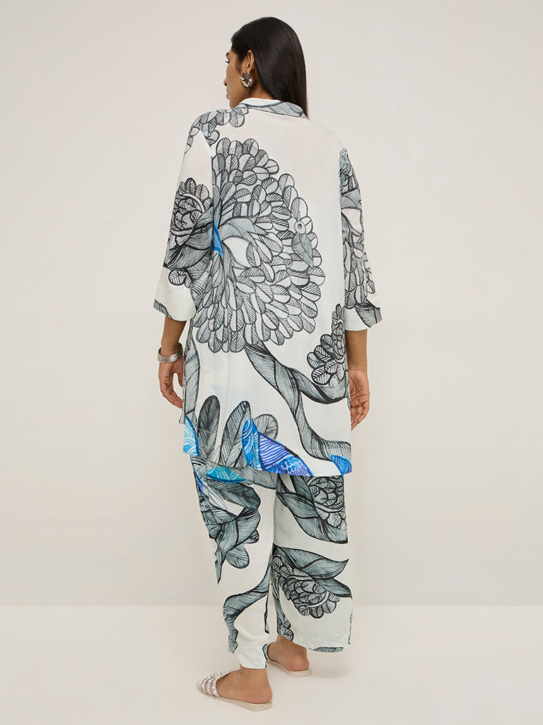 Diza White Gond Printed High-Low Ethnic Tunic