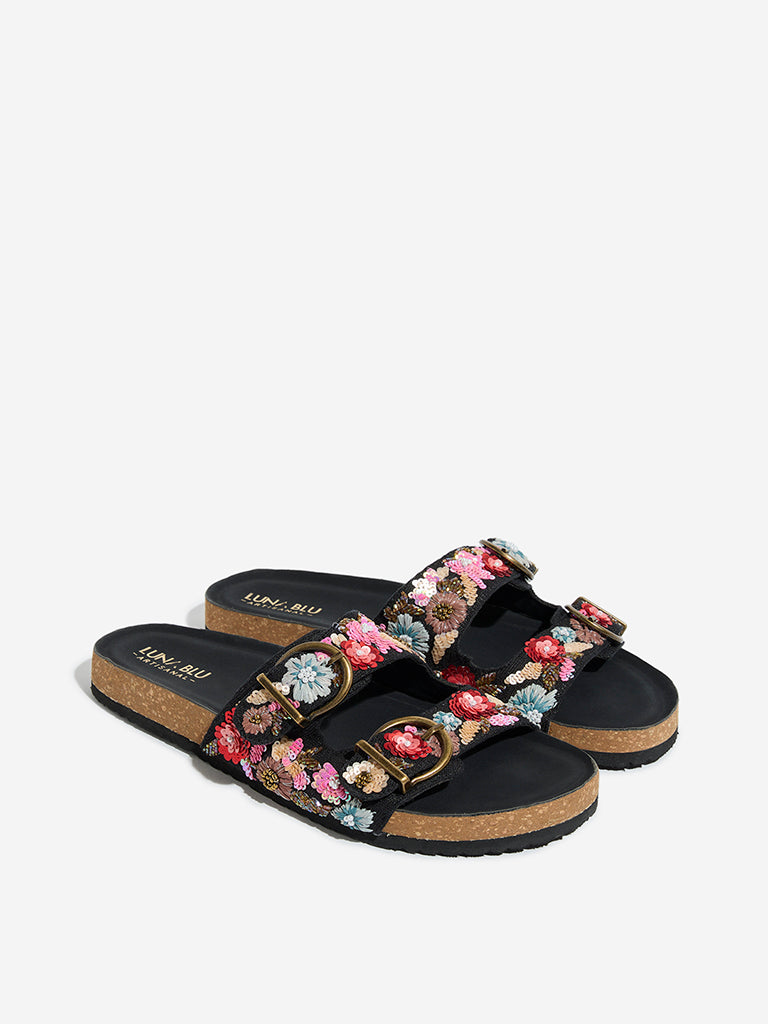 LUNA BLU Black Floral Embellished Sandals