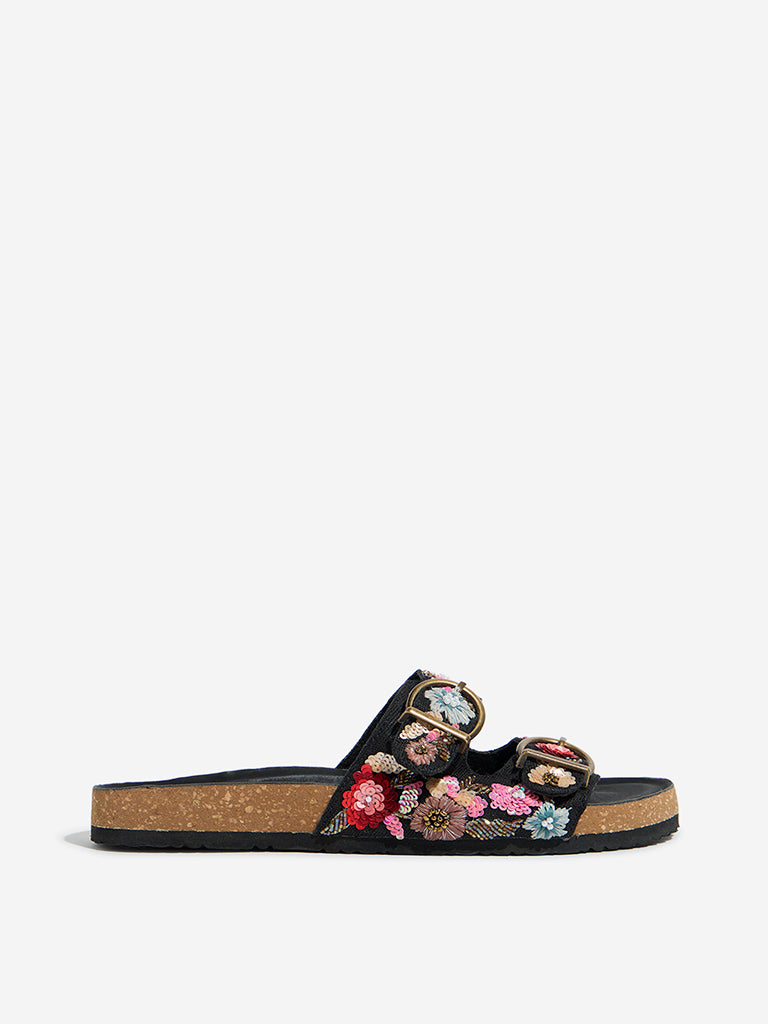 LUNA BLU Black Floral Embellished Sandals