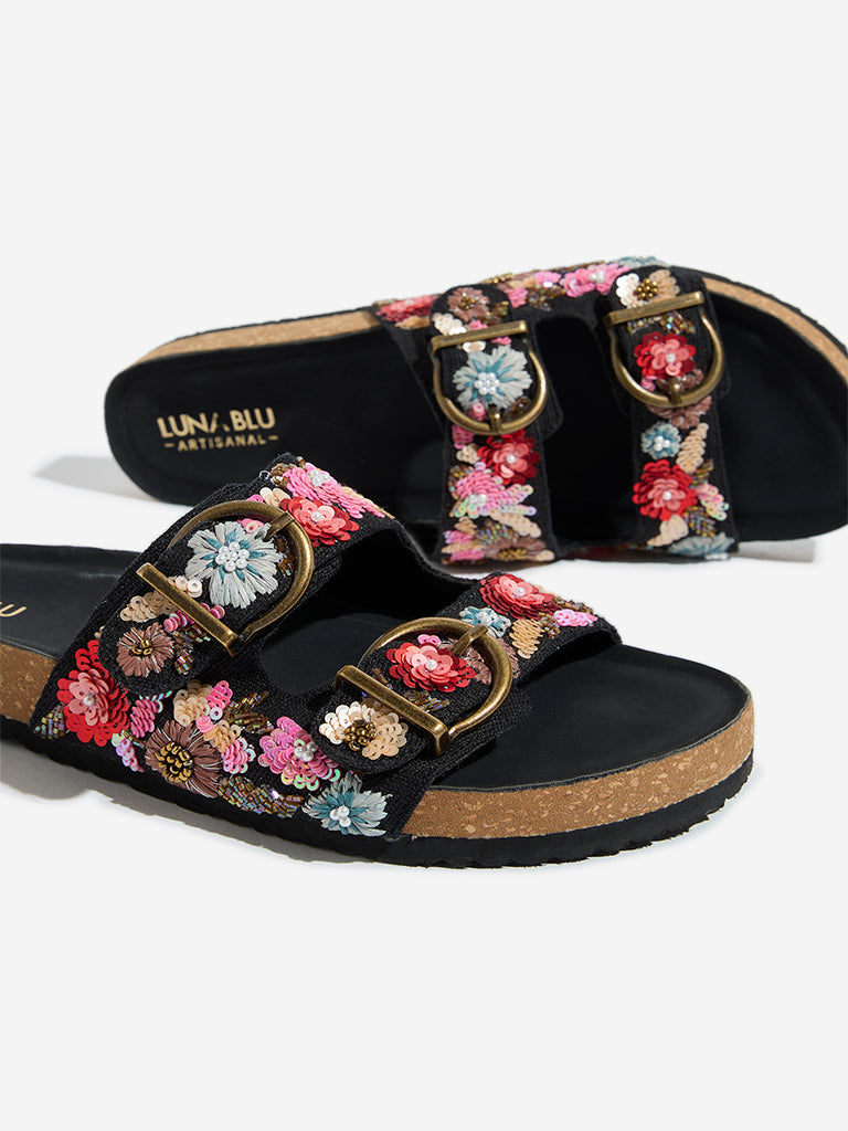 LUNA BLU Black Floral Embellished Sandals