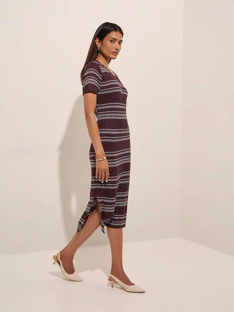 Wardrobe Brown Ribbed Bodycon Dress