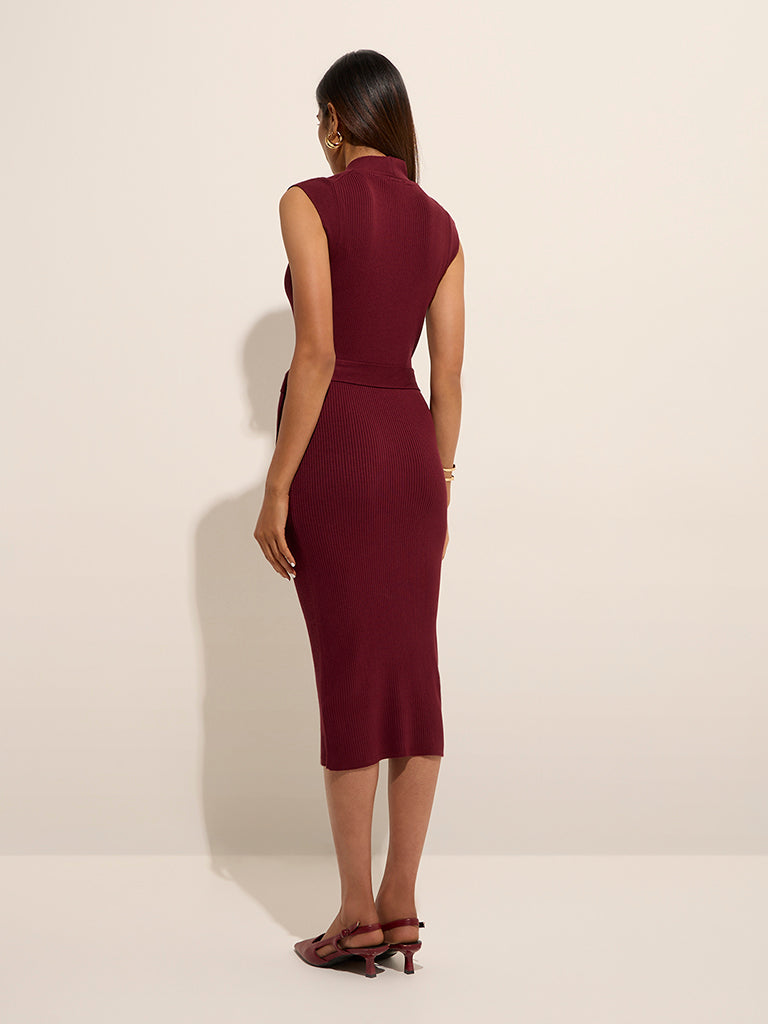 Wardrobe Burgundy Ribbed Bodycon Dress with Belt