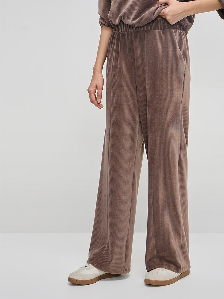 LOV Taupe Self-Striped Velveteen High-Rise Trousers