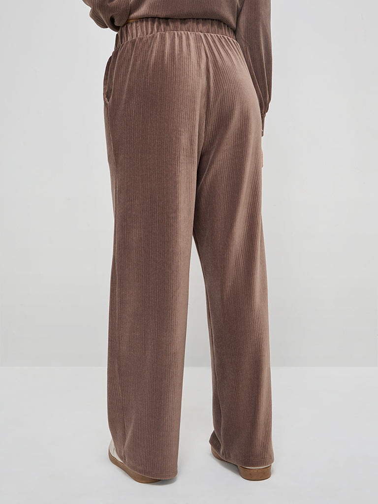 LOV Taupe Self-Striped Velveteen High-Rise Trousers